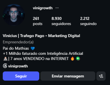 Perfil do Instagram @vinigrowth